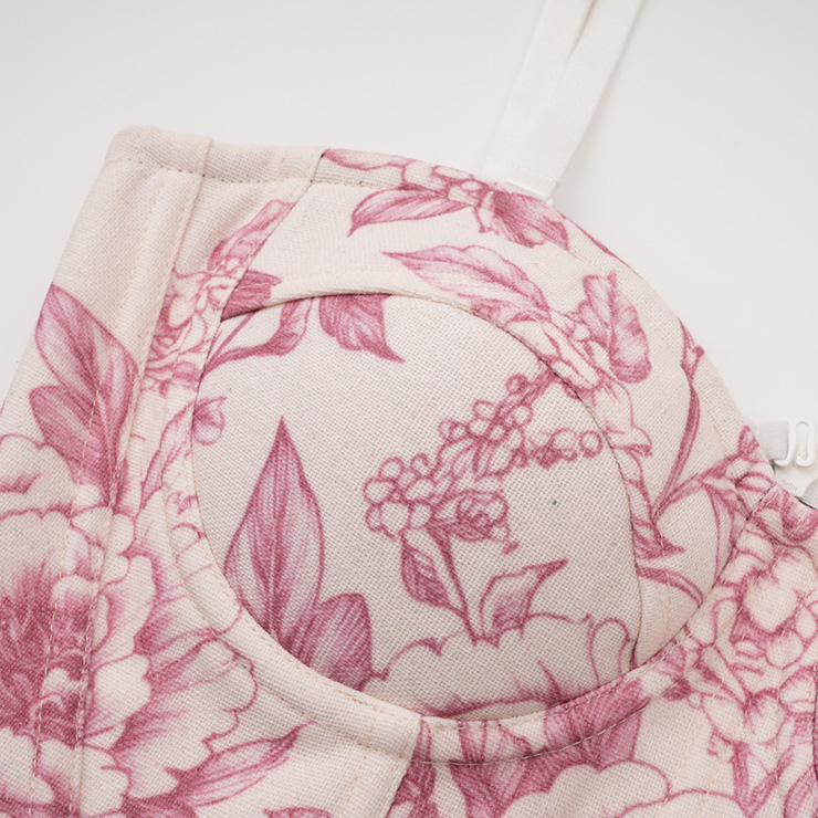 Vintage Floral Print Corset Top – Victorian Style Satin Bustier with Adjustable Straps N23910