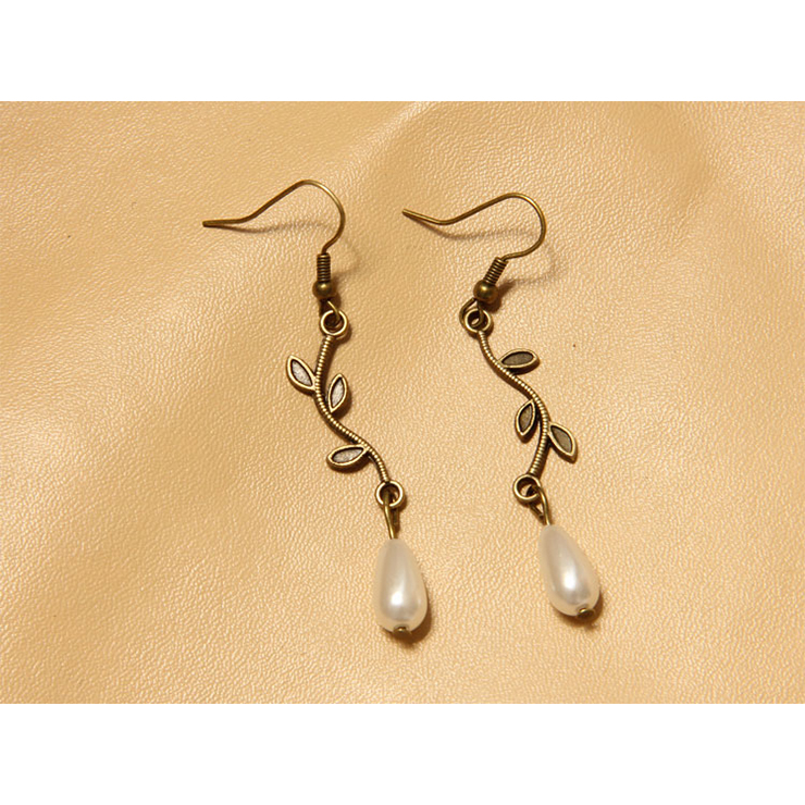 Vintage Elegant Bronze Metal Vine with White Artificial Pearl Drop Earrings J18440