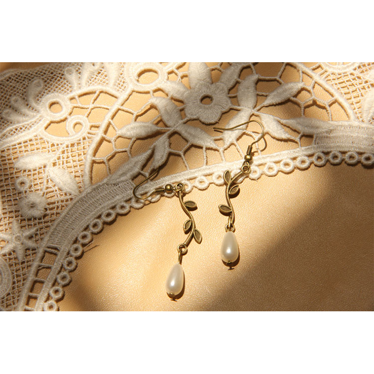 Vintage Elegant Bronze Metal Vine with White Artificial Pearl Drop Earrings J18440