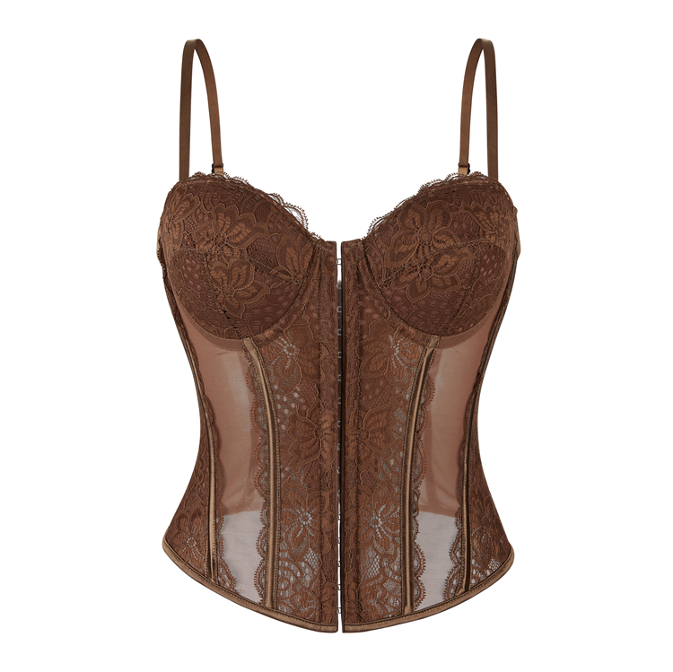 Brown Elegant Corset?? - Vintage Lace Bustier with Front Zipper N23793
