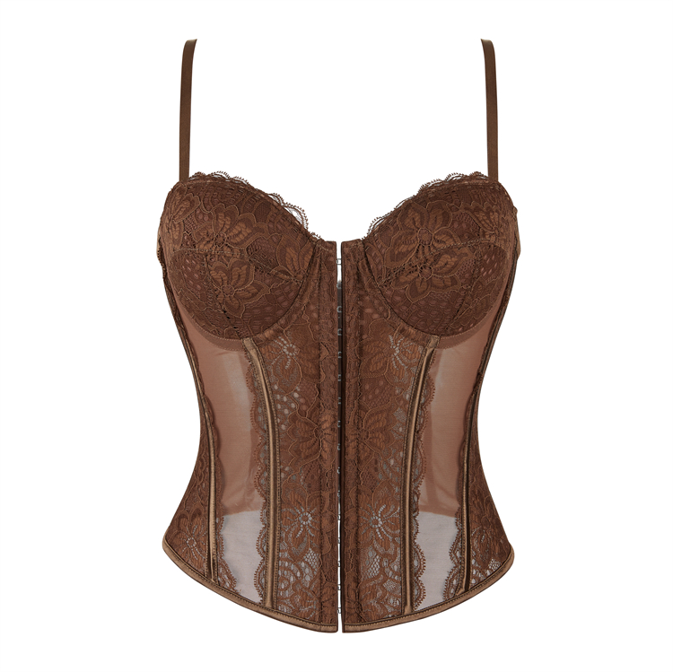 Brown Elegant Corset?? - Vintage Lace Bustier with Front Zipper N23793