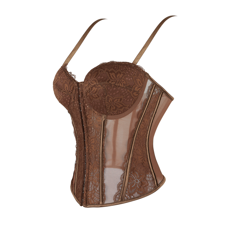 Brown Elegant Corset?? - Vintage Lace Bustier with Front Zipper N23793