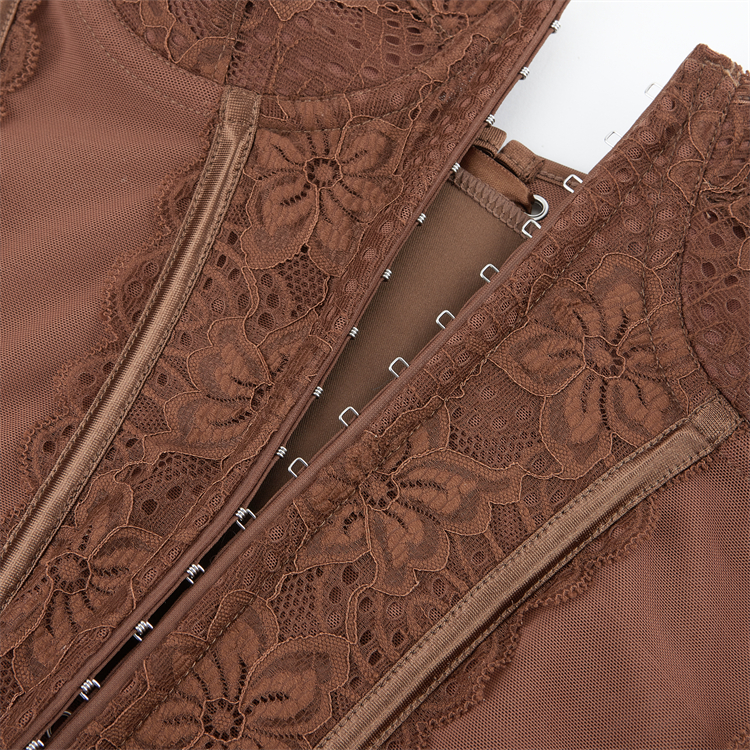 Brown Elegant Corset?? - Vintage Lace Bustier with Front Zipper N23793