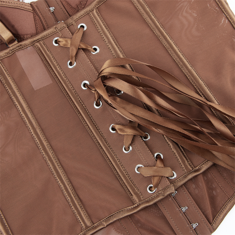 Brown Elegant Corset?? - Vintage Lace Bustier with Front Zipper N23793