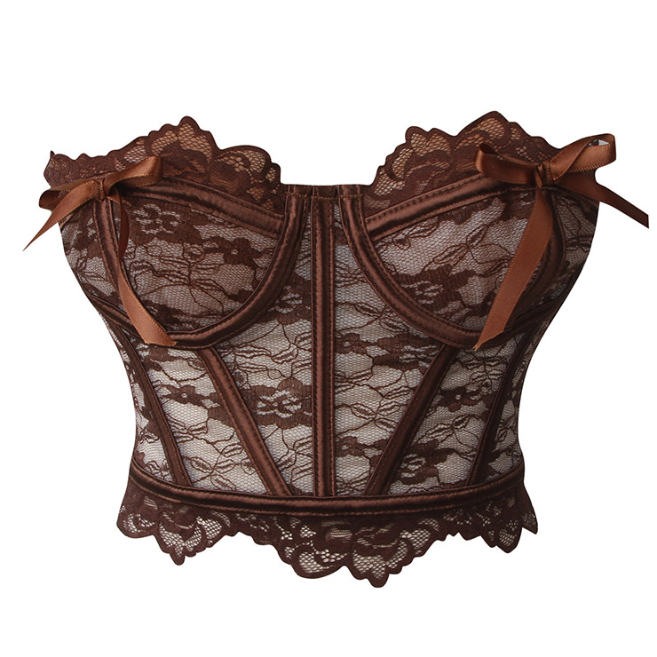 Vintage Brown Lace Corset Top - Front Lace-Up Bustier with Adjustable Ribbon & Detachable Straps N237817