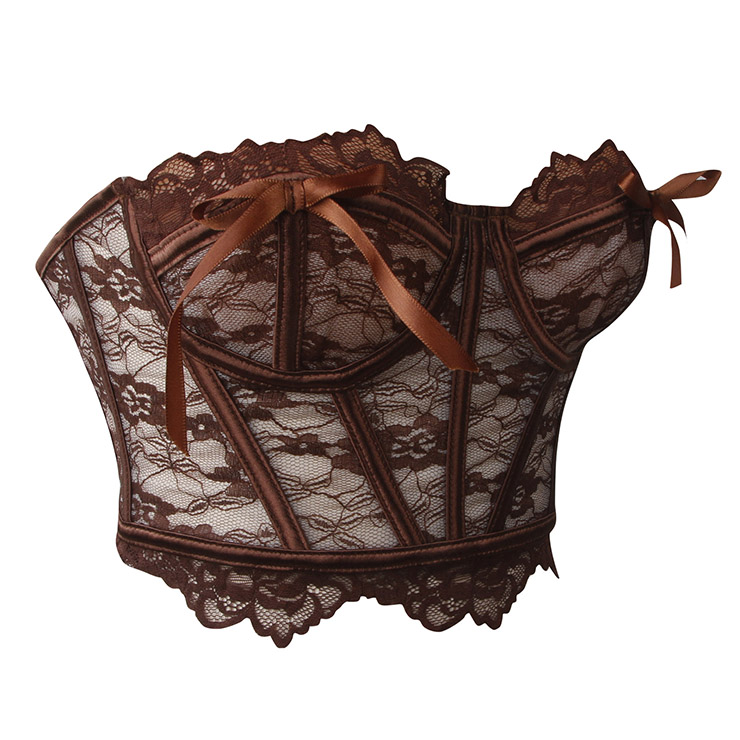 Vintage Brown Lace Corset Top - Front Lace-Up Bustier with Adjustable Ribbon & Detachable Straps N237817