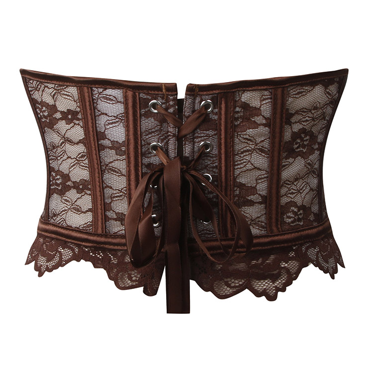 Vintage Brown Lace Corset Top - Front Lace-Up Bustier with Adjustable Ribbon & Detachable Straps N237817