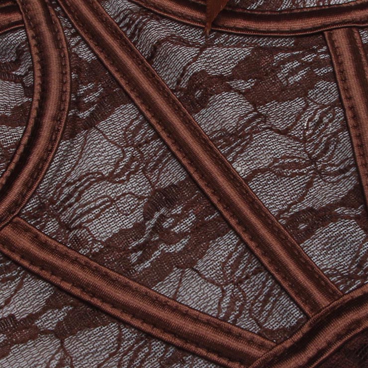 Vintage Brown Lace Corset Top - Front Lace-Up Bustier with Adjustable Ribbon & Detachable Straps N237817