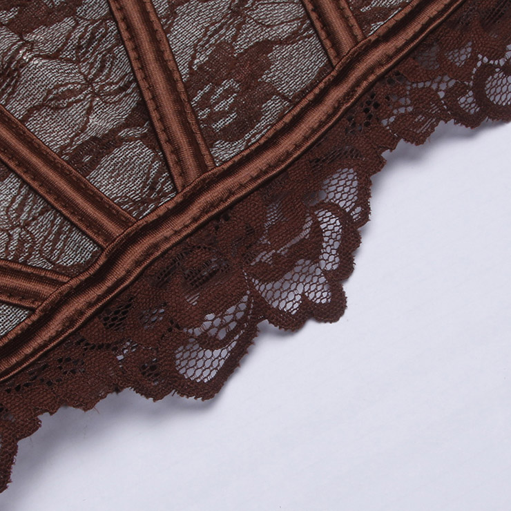 Vintage Brown Lace Corset Top - Front Lace-Up Bustier with Adjustable Ribbon & Detachable Straps N237817