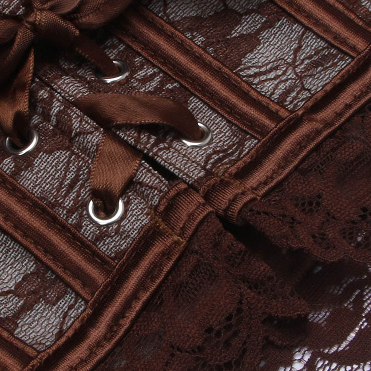 Vintage Brown Lace Corset Top - Front Lace-Up Bustier with Adjustable Ribbon & Detachable Straps N237817