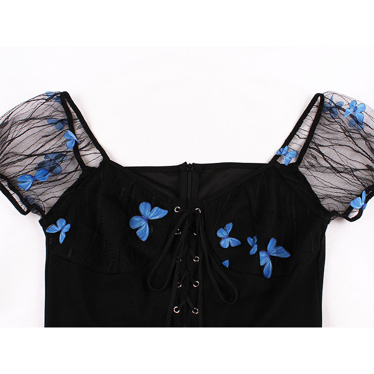 Sexy Square Neckline Butterfly Lacing Bodice Puff Sleeves High Waist Party Black Swing Dress N21505