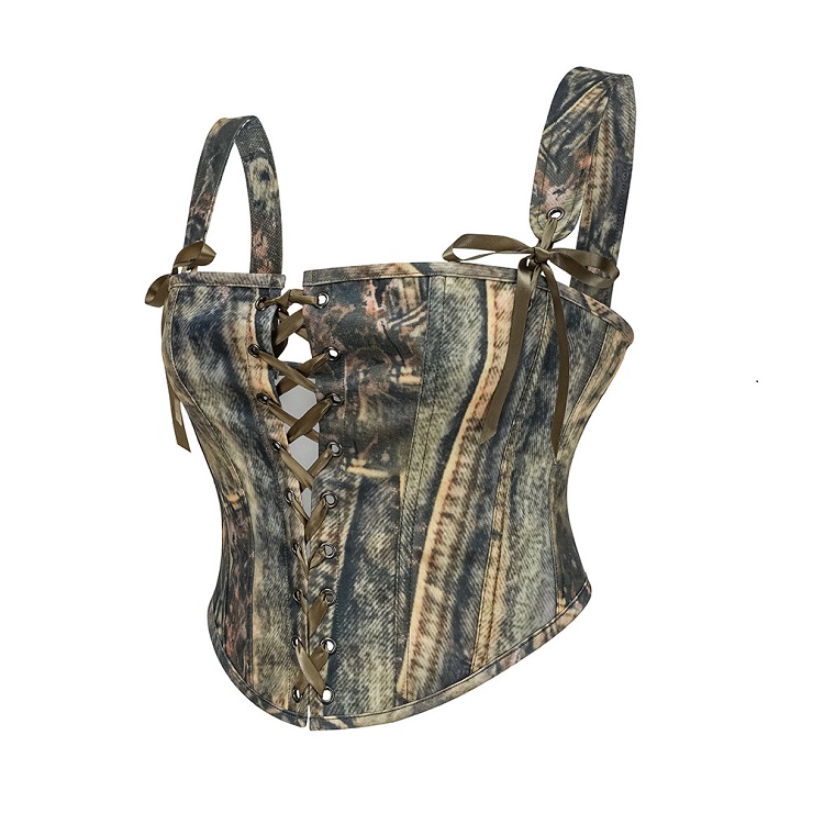 Vintage Camo Lace-Up Corset Top with Adjustable Shoulder Straps & Bow Accents N23777