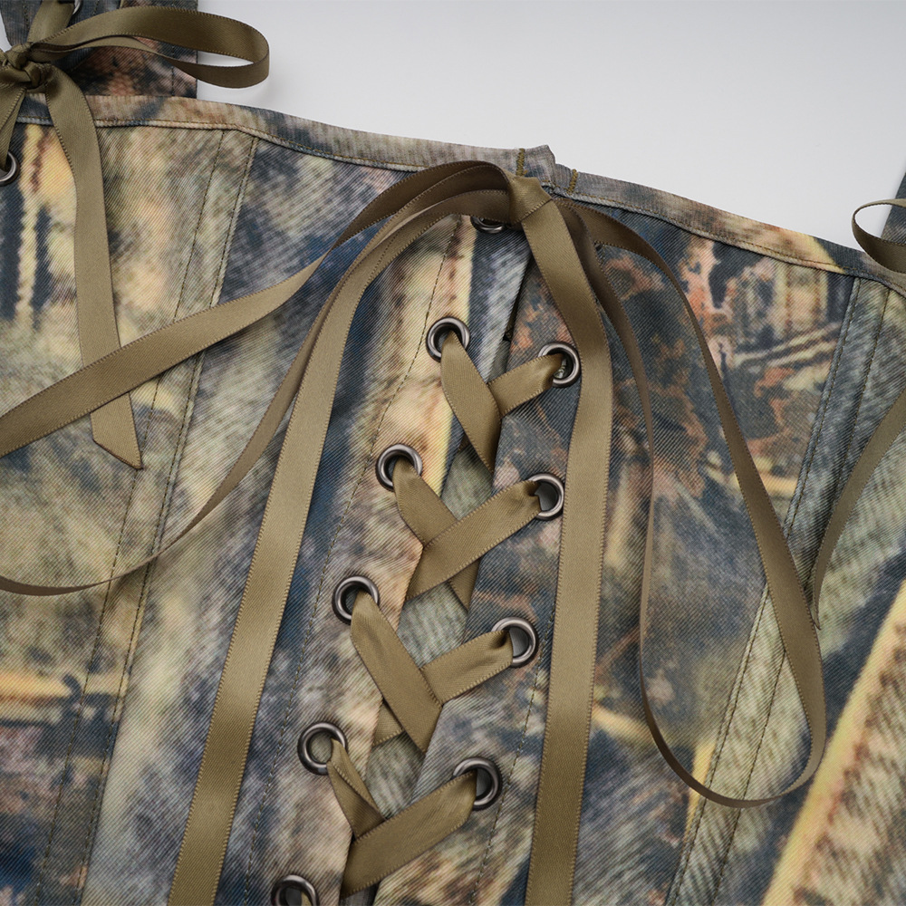 Vintage Camo Lace-Up Corset Top with Adjustable Shoulder Straps & Bow Accents N23777