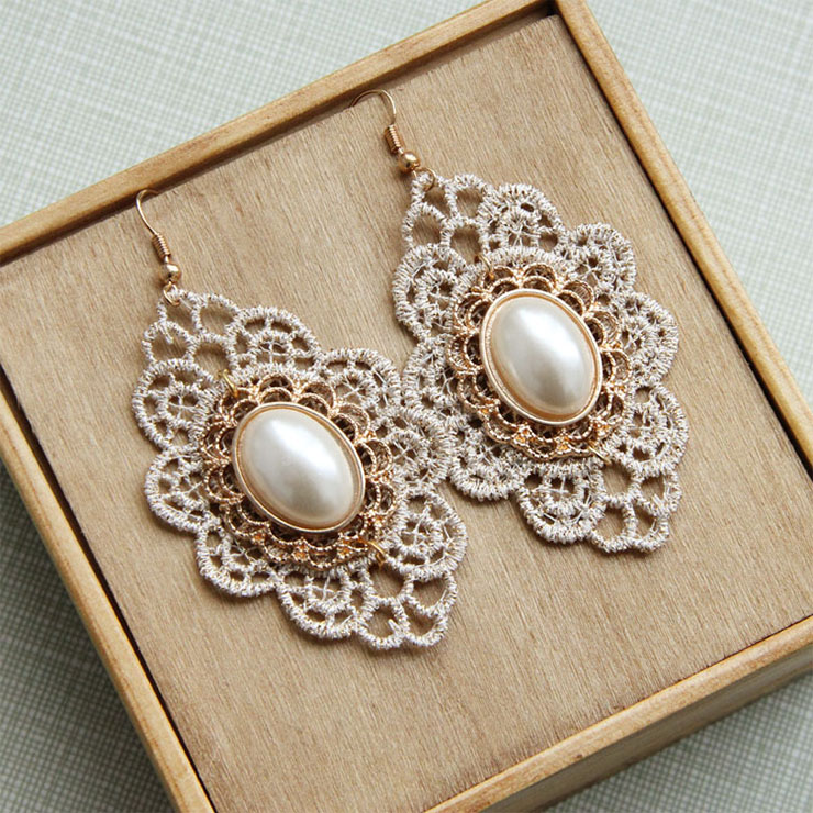Vintage Champagne Floral Lace with Golden Metal and Gem Embellished Earrings J18419