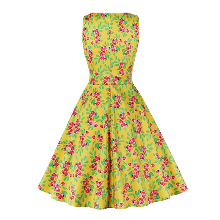 Vintage Cherry Print Round Neckline Sleeveless High Waist Summer Cocktail Swing Dress N21865