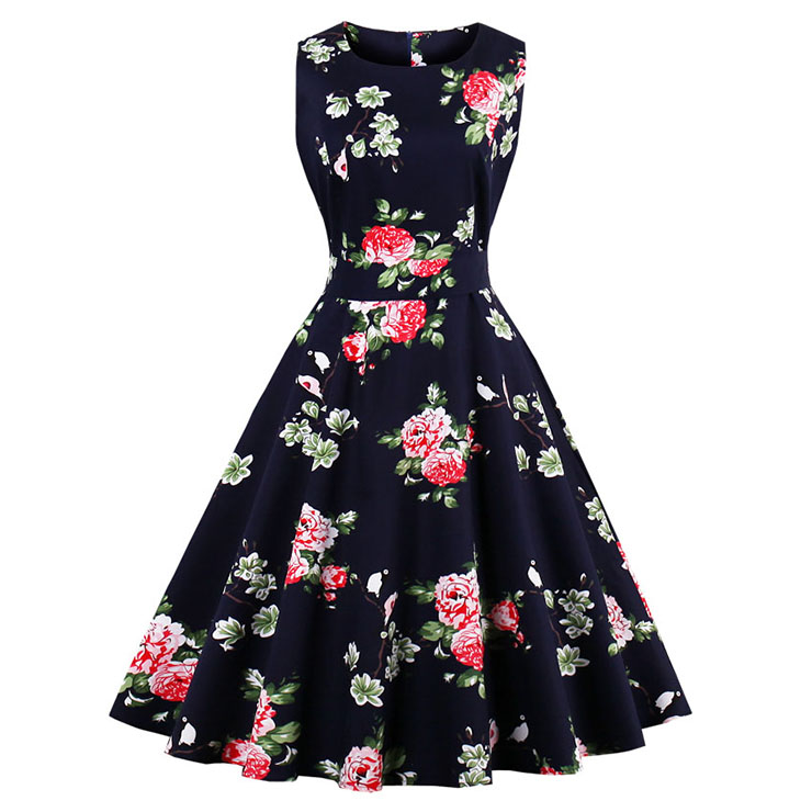 1950's Vintage Floral Print Sleeveless Dress N12866