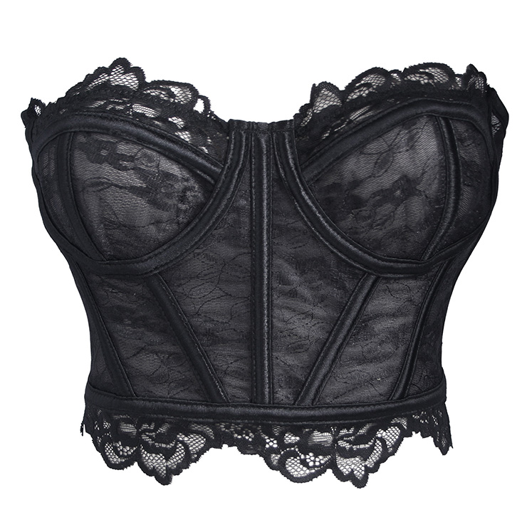 Black Lace Corset Bustier with Back Lace-up & Boning N23927