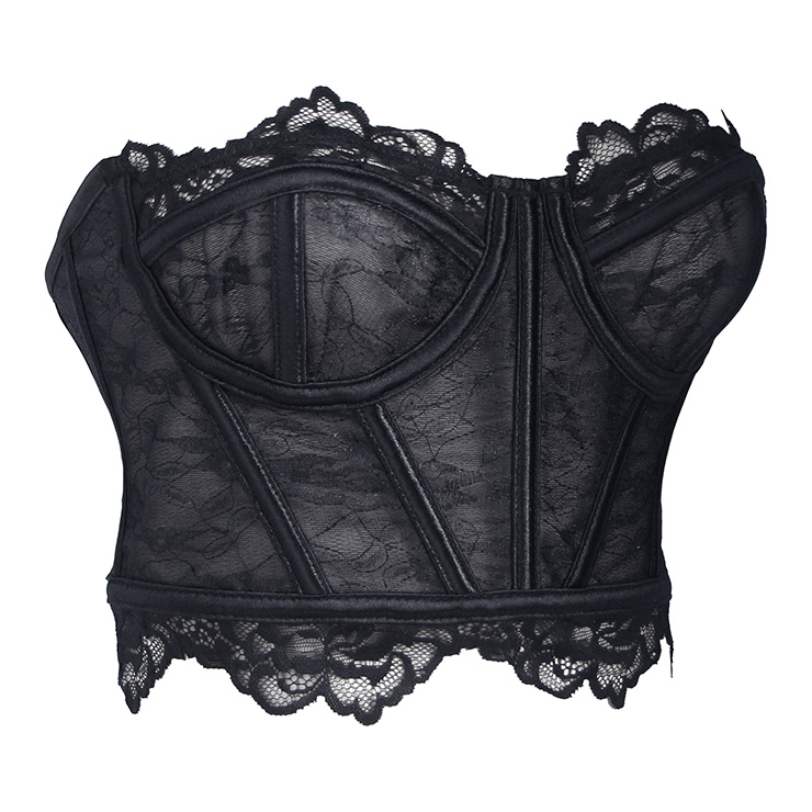 Black Lace Corset Bustier with Back Lace-up & Boning N23927