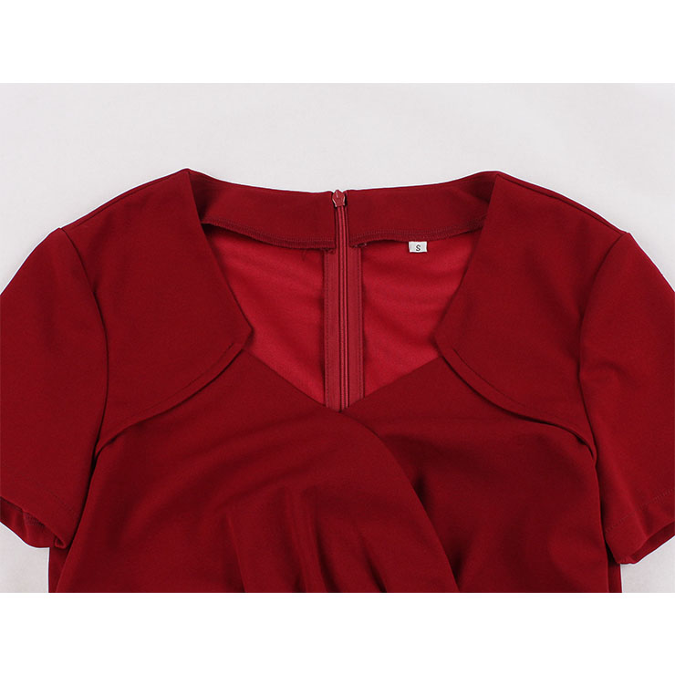 1950's Vintage Wine-red Crossover V-Neck Short Sleeves High Waist Cocktail Party A-Line Dress N21490