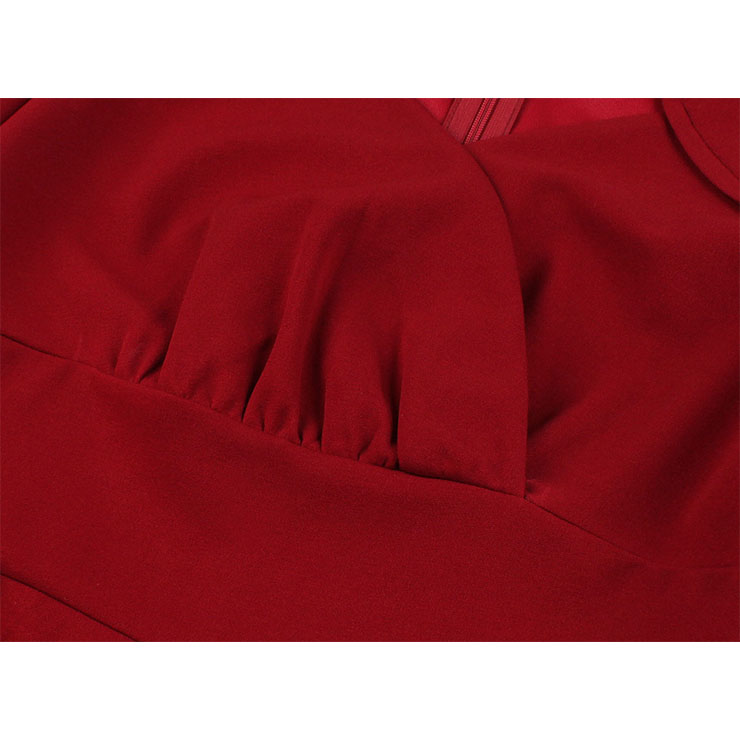 1950's Vintage Wine-red Crossover V-Neck Short Sleeves High Waist Cocktail Party A-Line Dress N21490