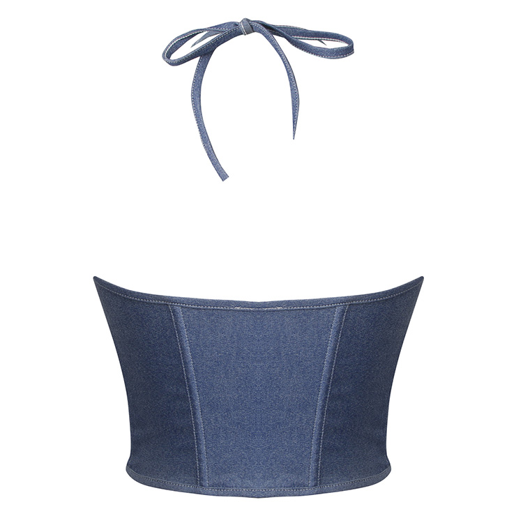Vintage Denim Bustier Top - Adjustable Halter Neck Corset with Gold Lace Trim & Front Tie Detail N237816