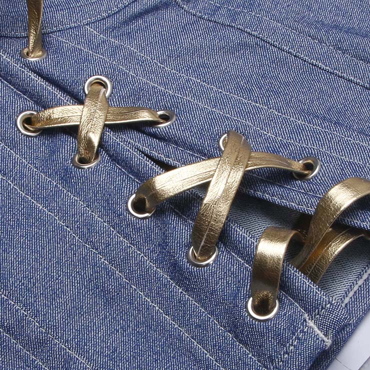 Vintage Denim Bustier Top - Adjustable Halter Neck Corset with Gold Lace Trim & Front Tie Detail N237816