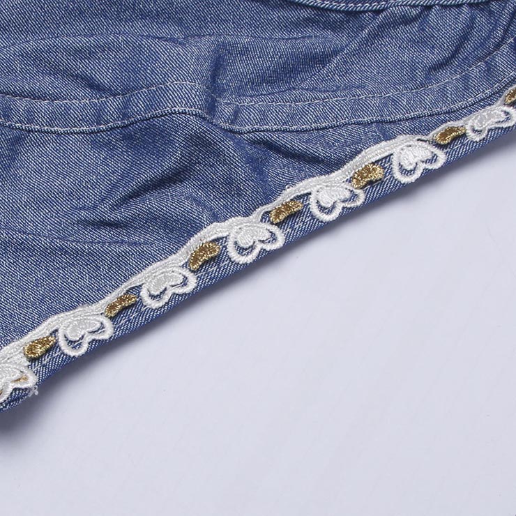 Vintage Denim Bustier Top - Adjustable Halter Neck Corset with Gold Lace Trim & Front Tie Detail N237816