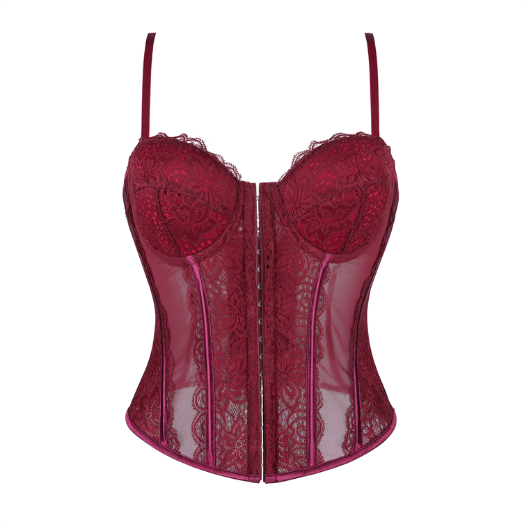 Burgundy Wine Lace Corset - Adjustable Vintage Bustier with Sheer Mesh N23794