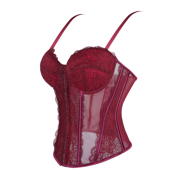 Burgundy Wine Lace Corset - Adjustable Vintage Bustier with Sheer Mesh N23794