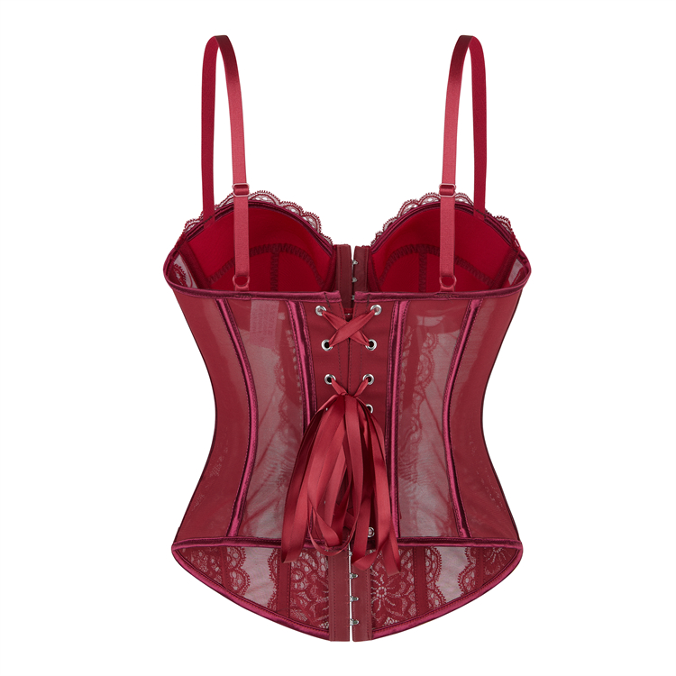 Burgundy Wine Lace Corset - Adjustable Vintage Bustier with Sheer Mesh N23794