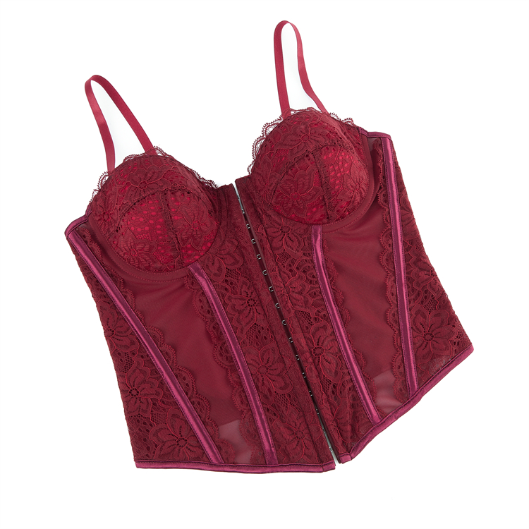Burgundy Wine Lace Corset - Adjustable Vintage Bustier with Sheer Mesh N23794