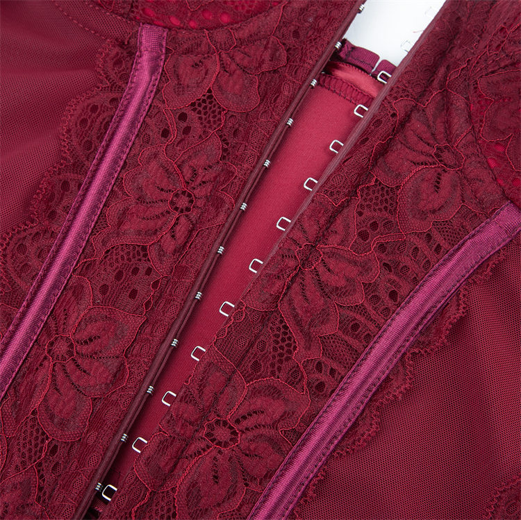 Burgundy Wine Lace Corset - Adjustable Vintage Bustier with Sheer Mesh N23794