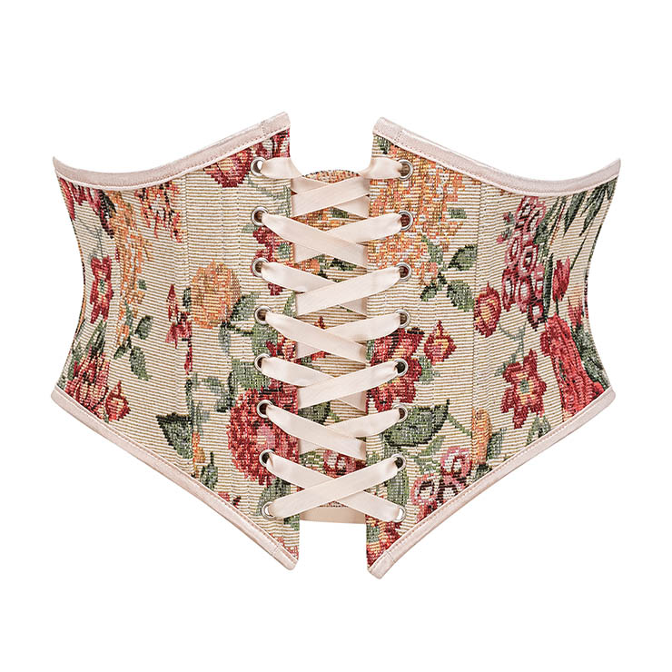Vintage Embroidered Floral Corset Belt, Front Lace-Up Waist Cincher with Back Zipper N23870