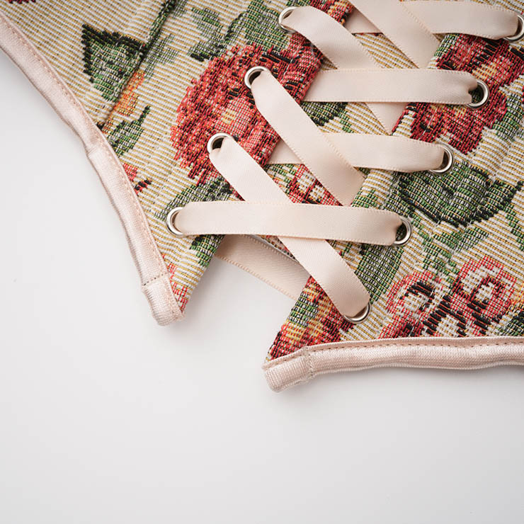 Vintage Embroidered Floral Corset Belt, Front Lace-Up Waist Cincher with Back Zipper N23870