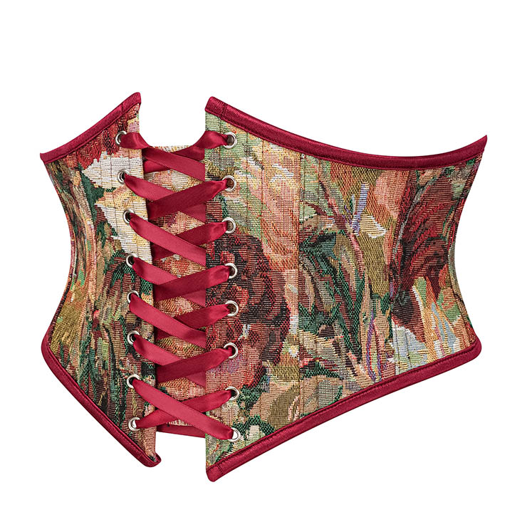 Vintage Embroidered Floral Corset Belt, Front Lace-Up Waist Cincher with Back Zipper  N23871