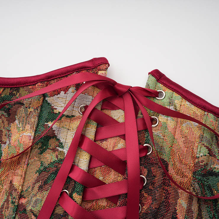 Vintage Embroidered Floral Corset Belt, Front Lace-Up Waist Cincher with Back Zipper  N23871