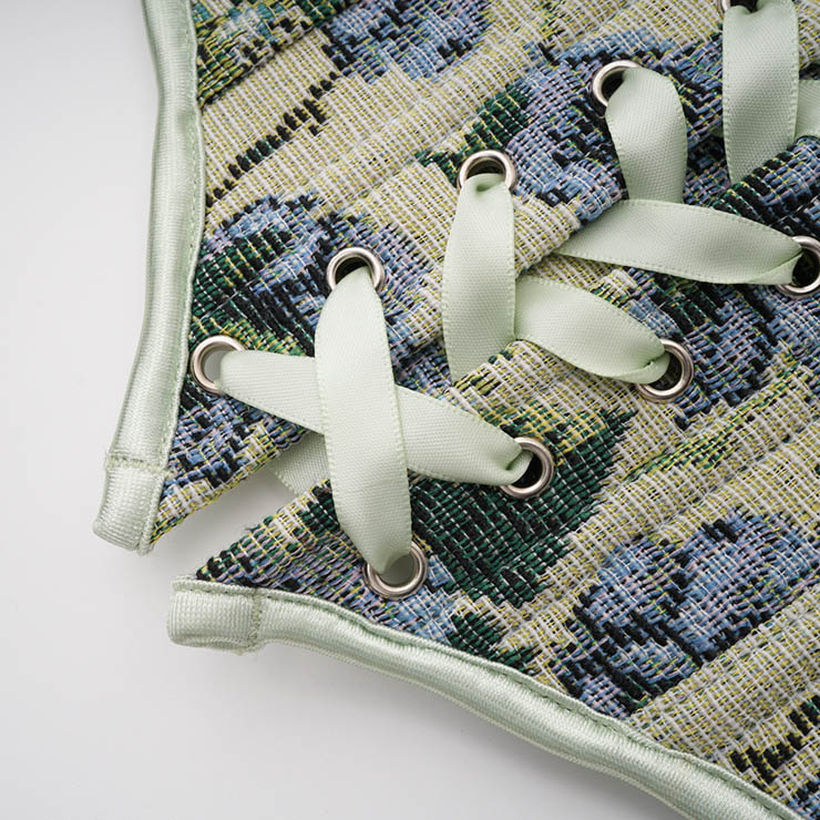 Vintage Embroidered Floral Corset Belt, Front Lace-Up Waist Cincher with Back Zipper N23872