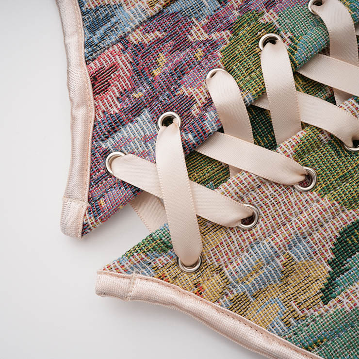 Vintage Embroidered Floral Corset Belt, Front Lace-Up Waist Cincher with Back Zipper N23874