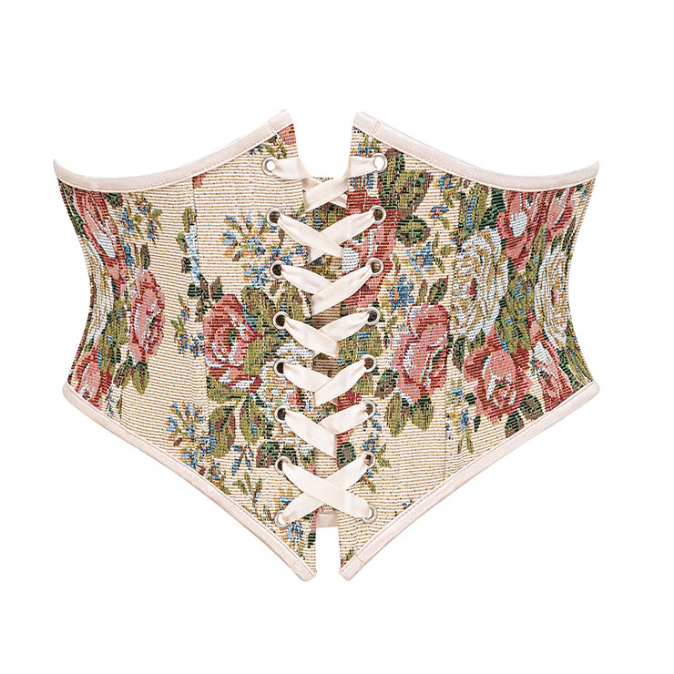Vintage Embroidered Floral Corset Belt, Front Lace-Up Waist Cincher with Back Zipper N23875
