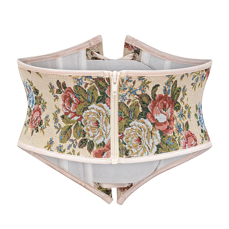 Vintage Embroidered Floral Corset Belt, Front Lace-Up Waist Cincher with Back Zipper N23875