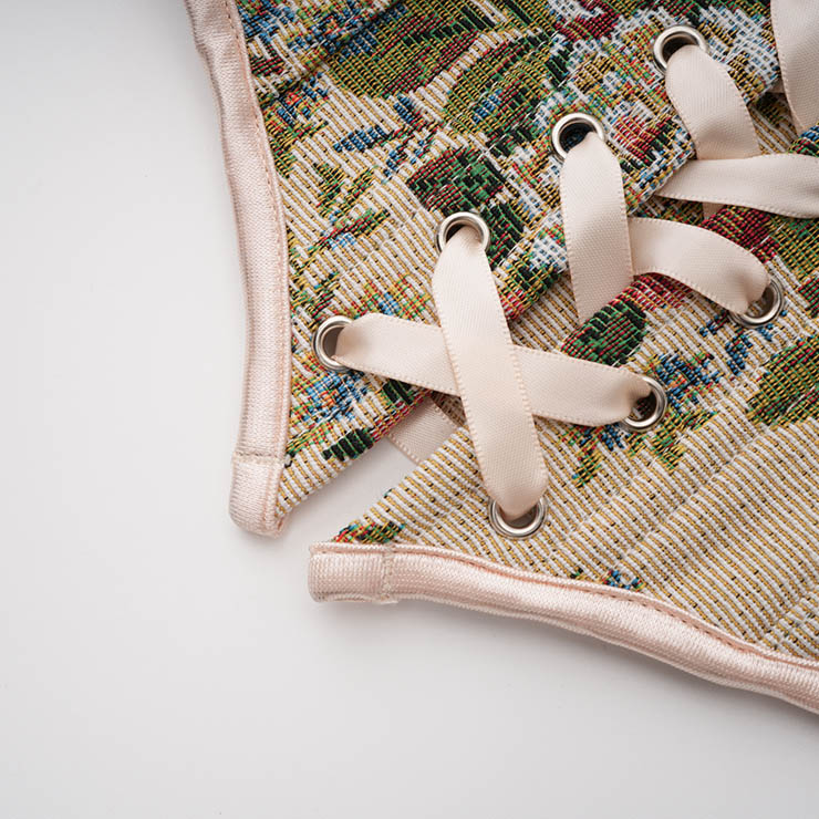 Vintage Embroidered Floral Corset Belt, Front Lace-Up Waist Cincher with Back Zipper N23875