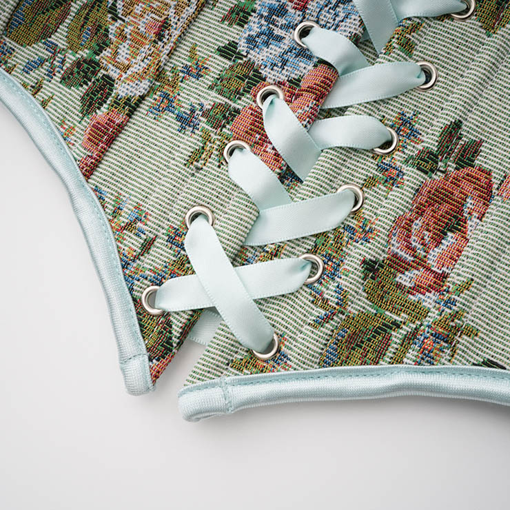 Vintage Embroidered Floral Corset Belt, Front Lace-Up Waist Cincher with Back Zipper N23876