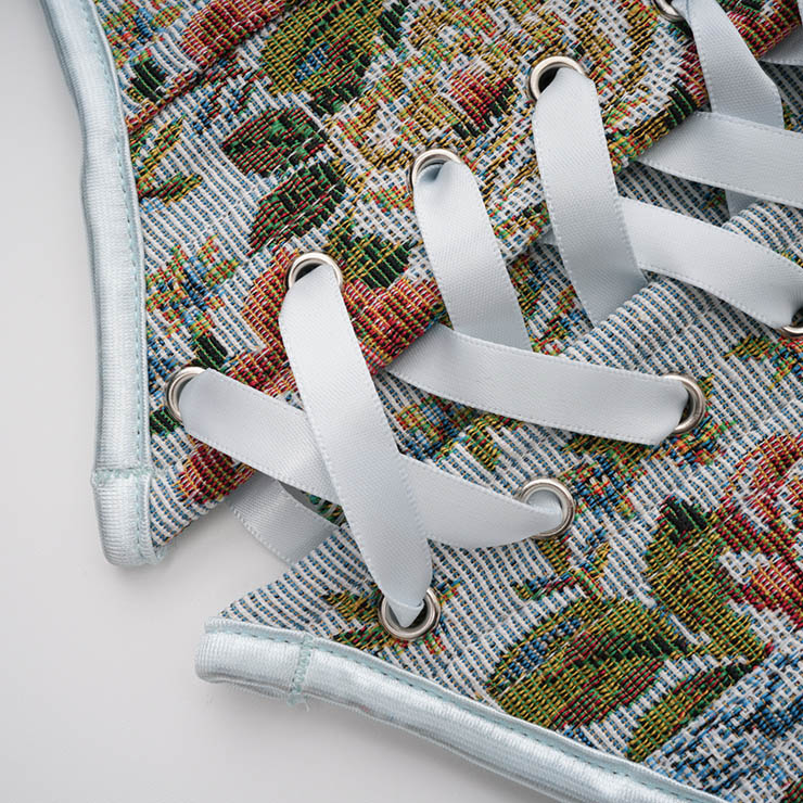 Vintage Embroidered Floral Corset Belt, Front Lace-Up Waist Cincher with Back Zipper N23877