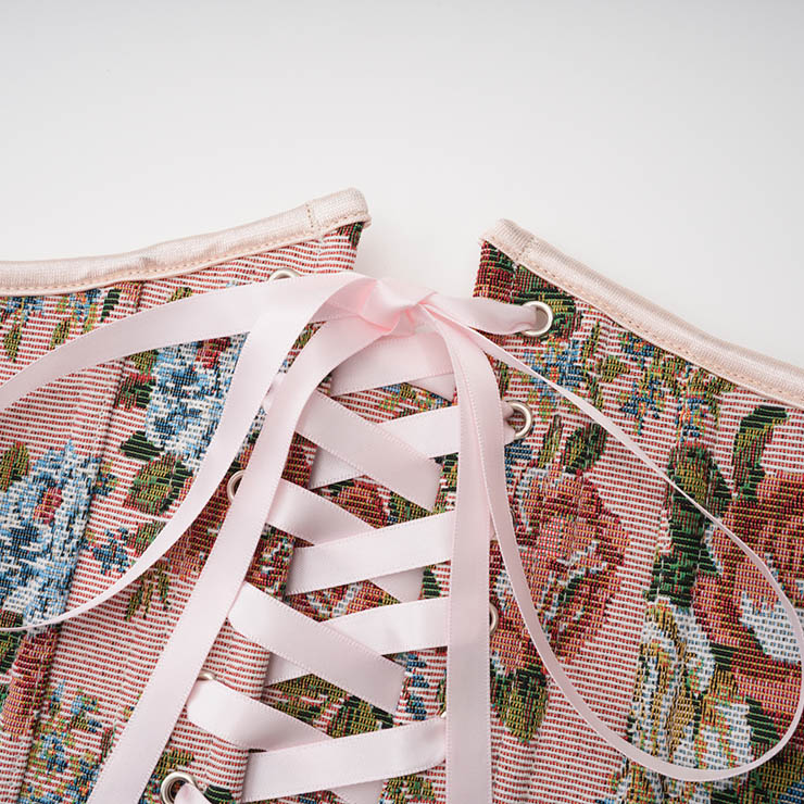 Vintage Embroidered Floral Corset Belt, Front Lace-Up Waist Cincher with Back Zipper N23878