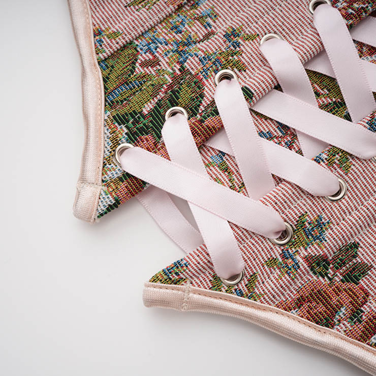 Vintage Embroidered Floral Corset Belt, Front Lace-Up Waist Cincher with Back Zipper N23878