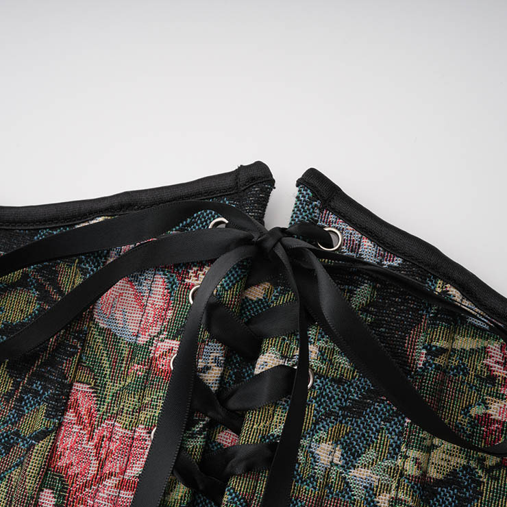Vintage Embroidered Floral Corset Belt, Front Lace-Up Waist Cincher with Back Zipper N23879