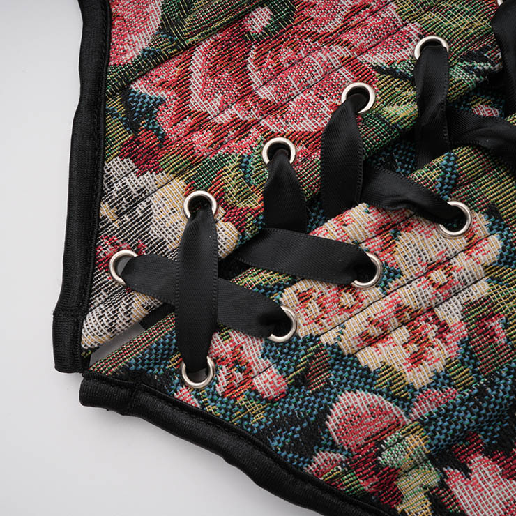 Vintage Embroidered Floral Corset Belt, Front Lace-Up Waist Cincher with Back Zipper N23879