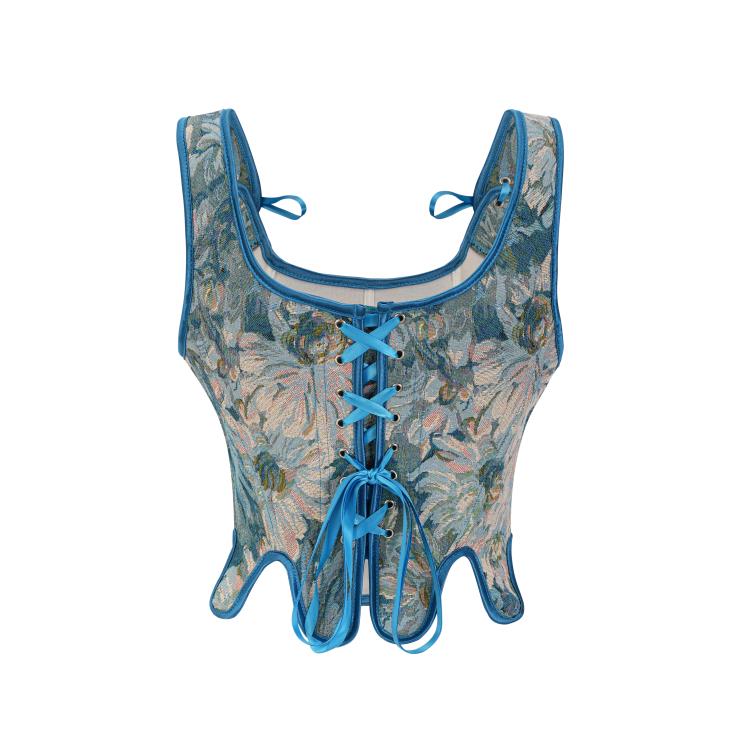 Fashion Irregular Blue Chrysanthemum Print Plastic Boned Body Shaper Overbust Corset N23454