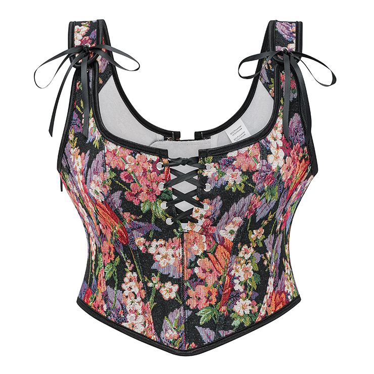 Vintage Floral Corset Top - Adjustable Lace-Up Bustier with Bow Straps for Women N237840