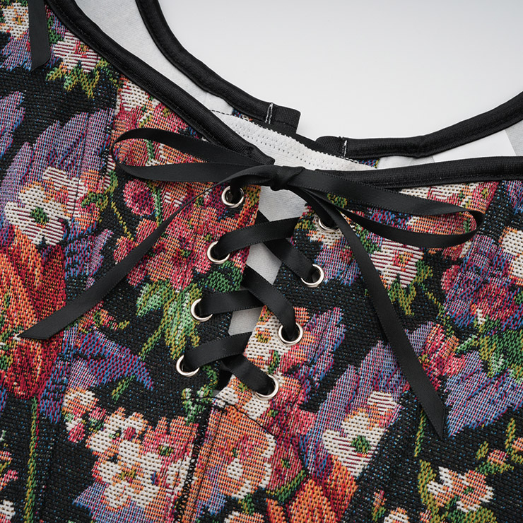 Vintage Floral Corset Top - Adjustable Lace-Up Bustier with Bow Straps for Women N237840